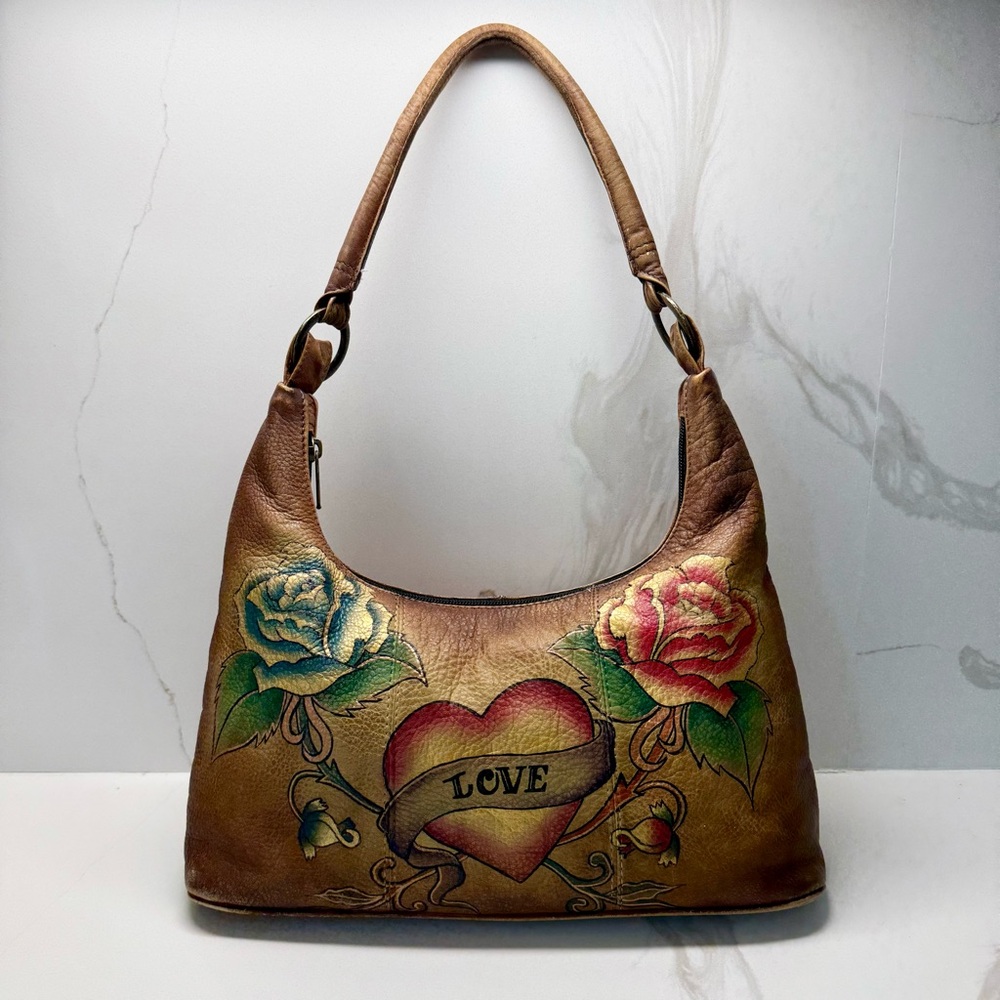 ❌SOLD❌Anuschka Hand-Painted Leather Hobo Handbag Purse Brown Love Heart Bag